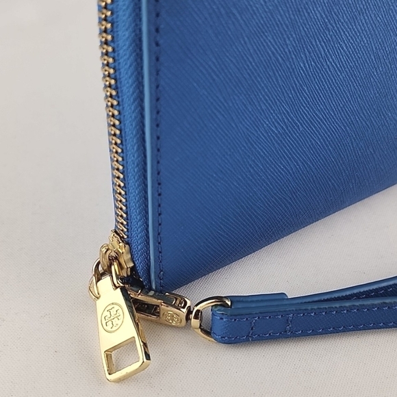 Tory Burch Robinson Continental Leather Zip Wallet Wristlet Royal Blue Gold - Picture 5 of 15